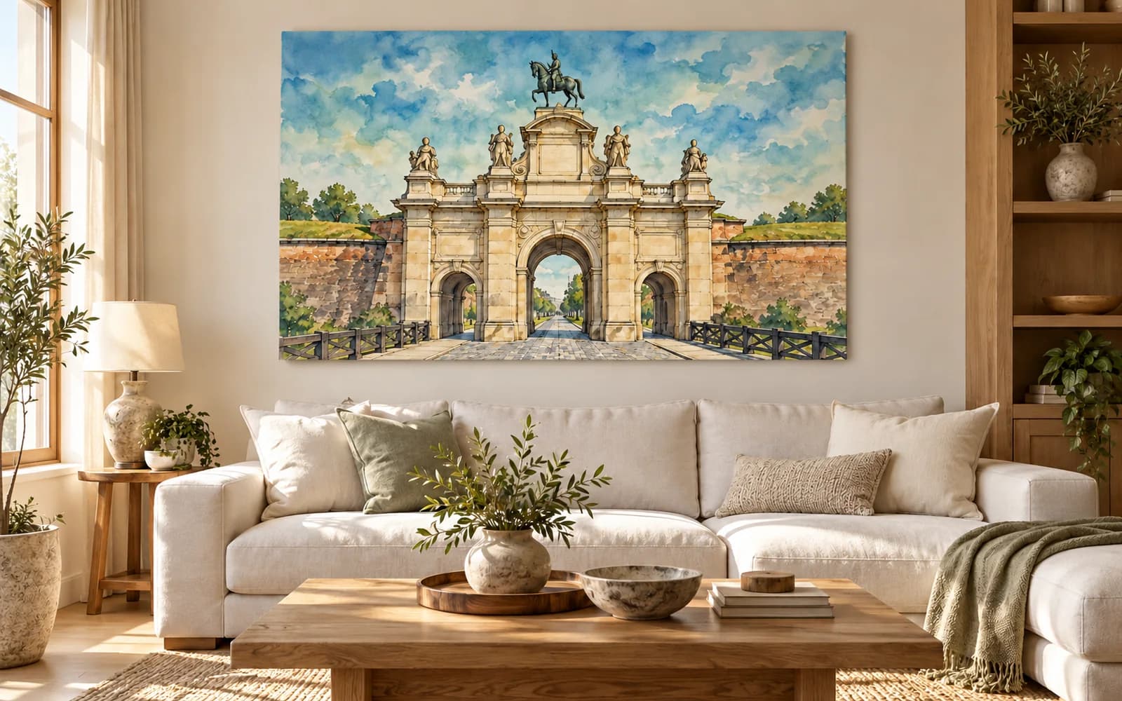 Tablou canvas cu ilustrația reperului Cetatea Alba Carolina, într-un living luminos cu mobilier din lemn.