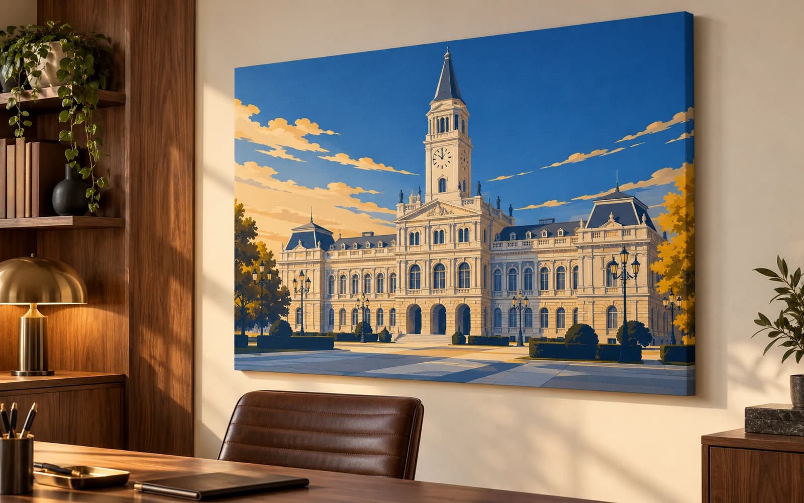 Tablou canvas cu ilustrația reperului Palatul Administrativ, într-un birou modern.