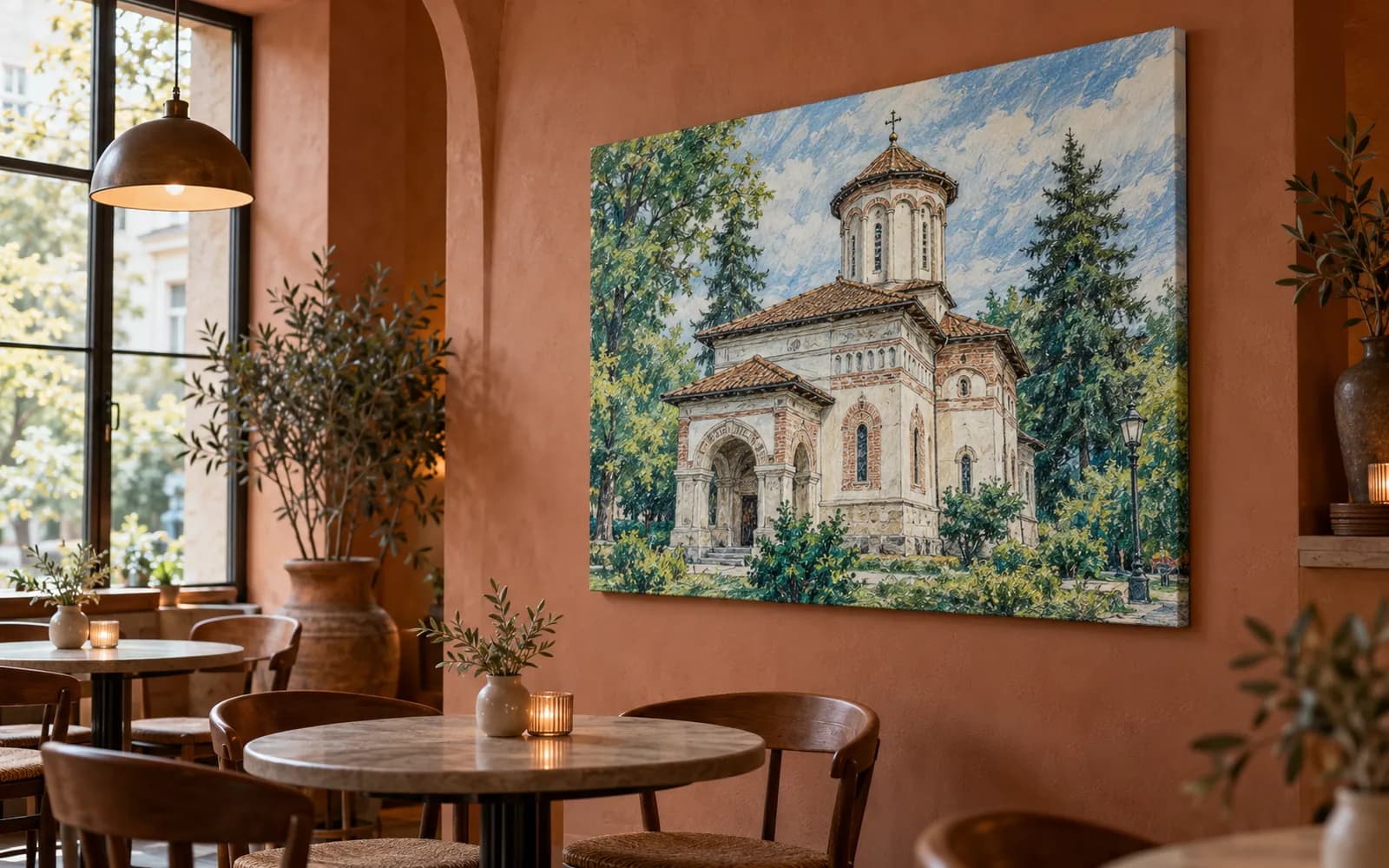 Tablou canvas cu ilustrația reperului Biserica Domnească Sfântul Gheorghe, într-o cafenea cu pereți teracotă.