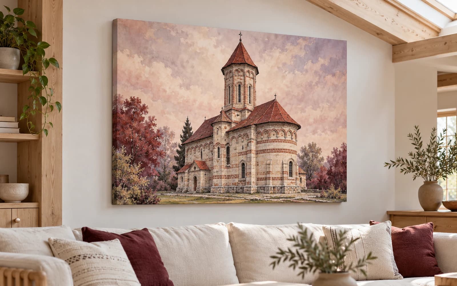 Tablou canvas cu ilustrația reperului Biserica Precista, într-un salon luminos.