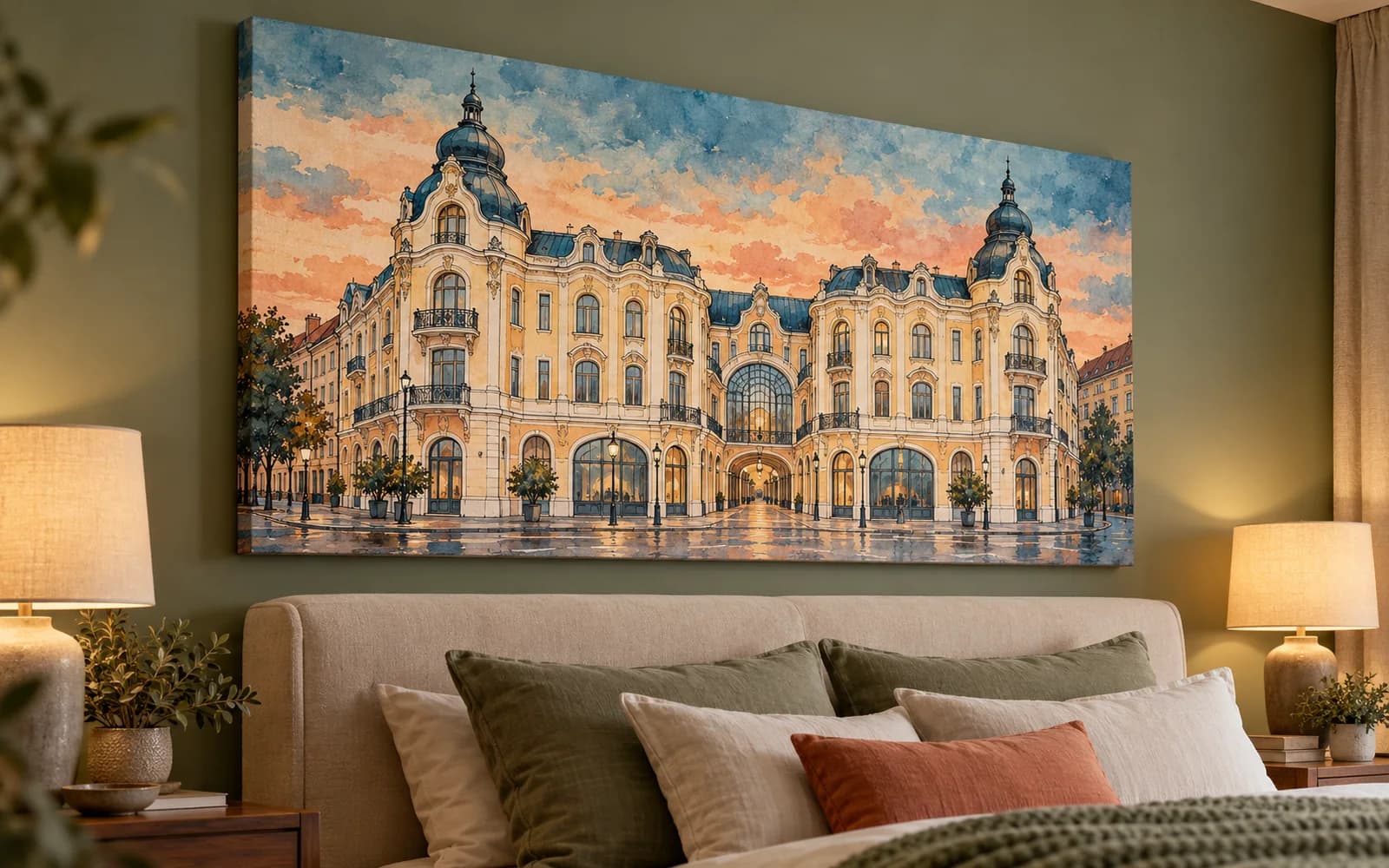 Tablou canvas cu ilustrația reperului Palatul Vulturul Negru, într-un dormitor în tonuri verzi.