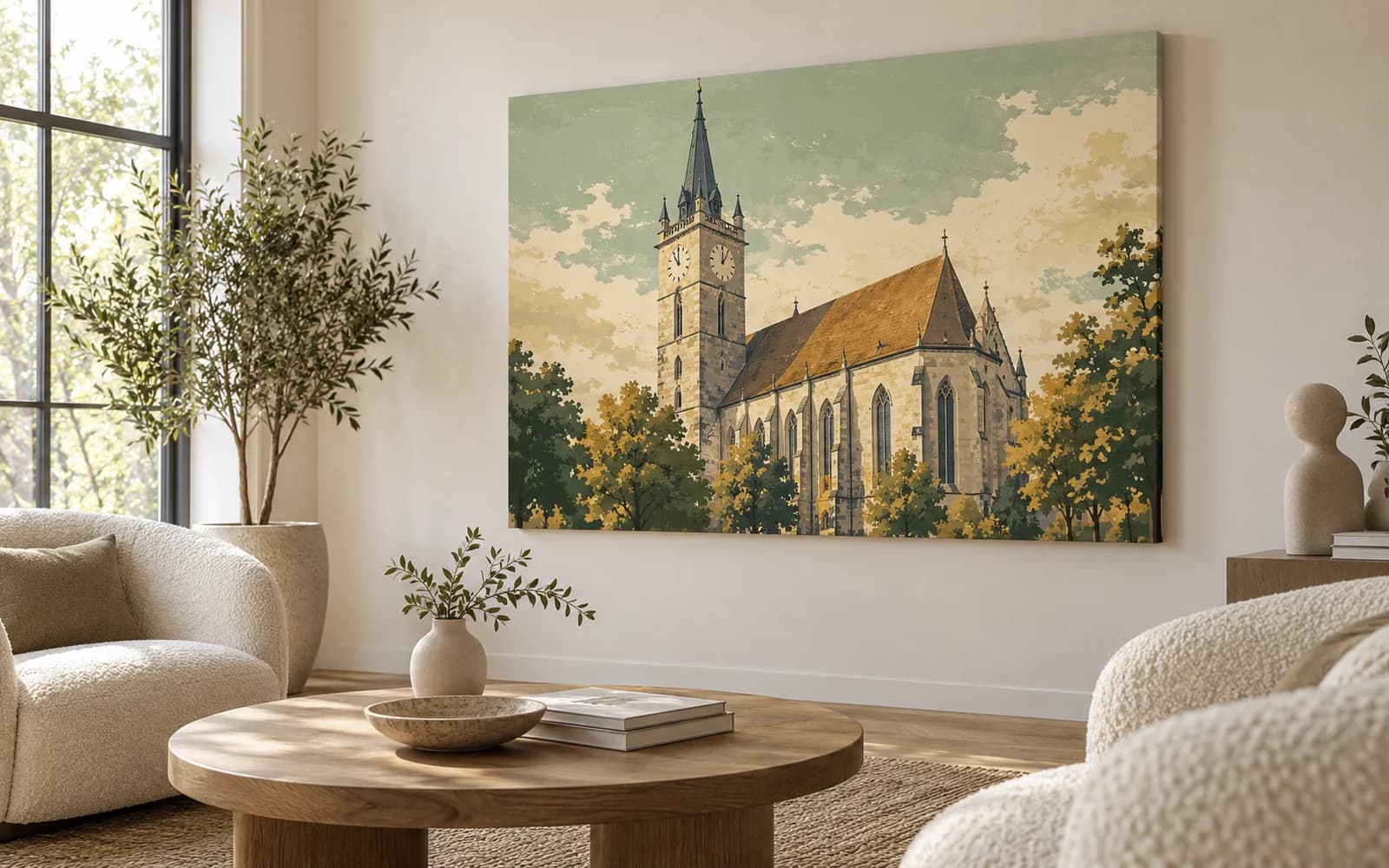Tablou canvas cu ilustrația reperului Biserica Evanghelică, într-un living minimalist crem.