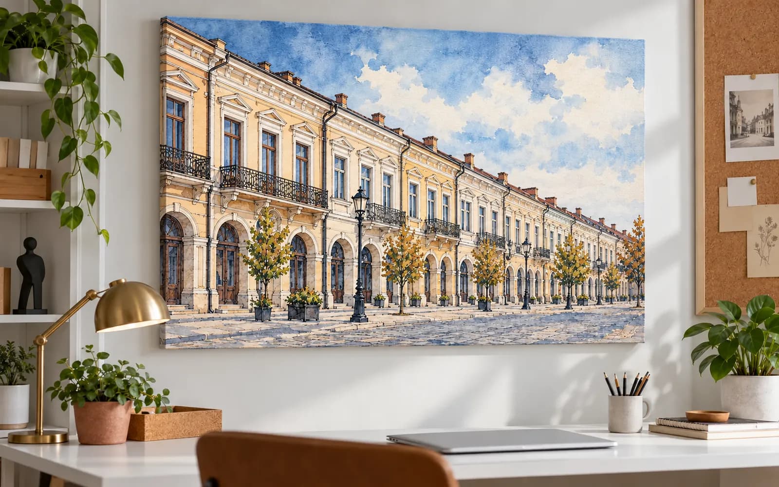 Tablou canvas cu ilustrația reperului Centrul Vechi, într-un birou de creație.