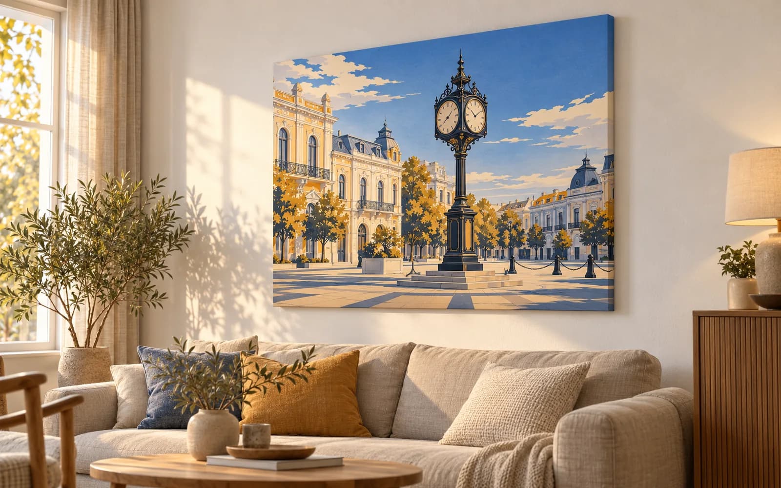 Tablou canvas cu ilustrația reperului Ceasul din Piața Traian, într-un living luminos cu mobilier din lemn.