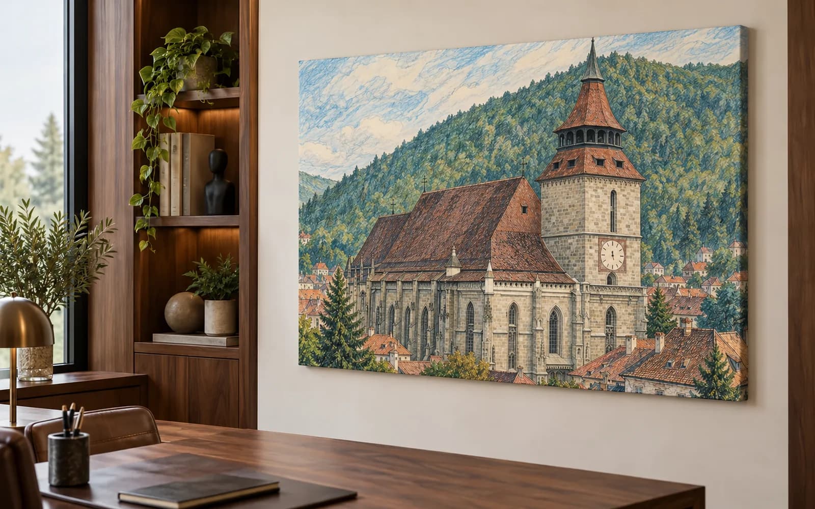Tablou canvas cu ilustrația reperului Biserica Neagră și Tâmpa, într-un birou modern.