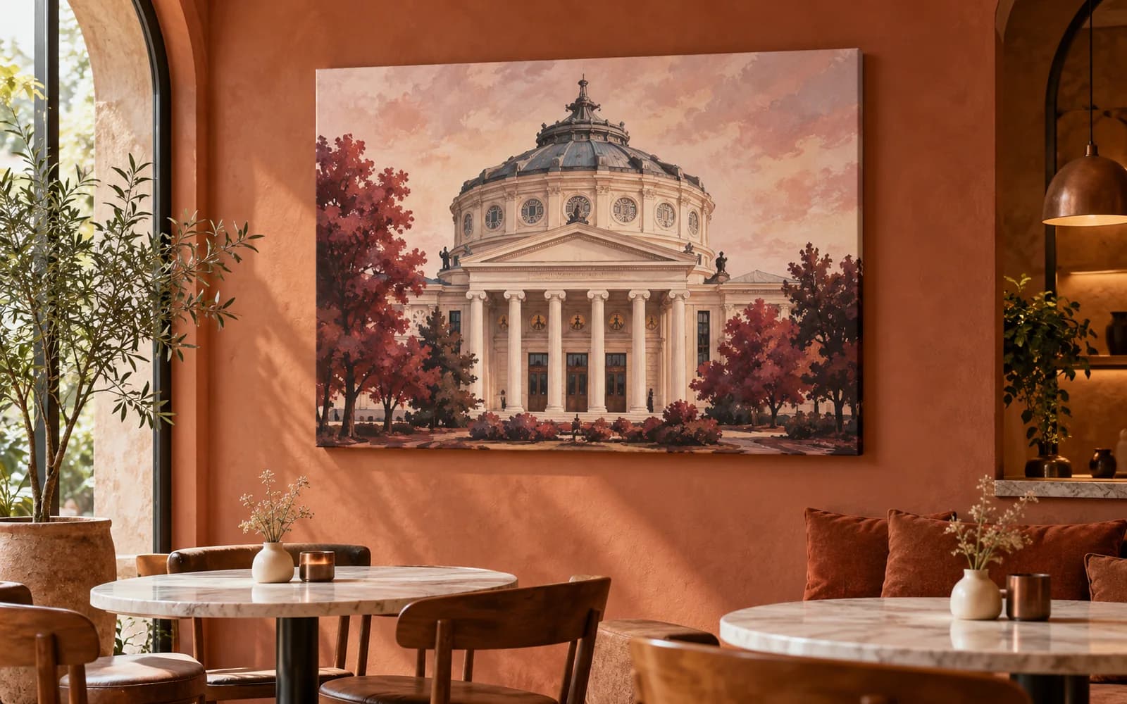 Tablou canvas cu ilustrația reperului Ateneul Român, într-o cafenea cu pereți teracotă.