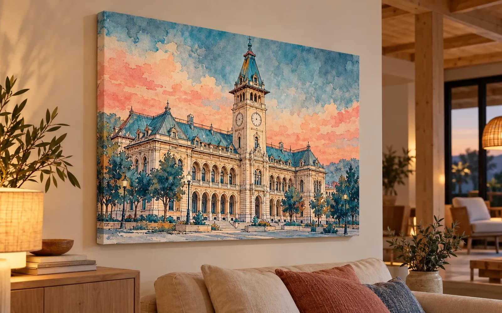 Tablou canvas cu ilustrația reperului Palatul Comunal, într-un salon luminos.