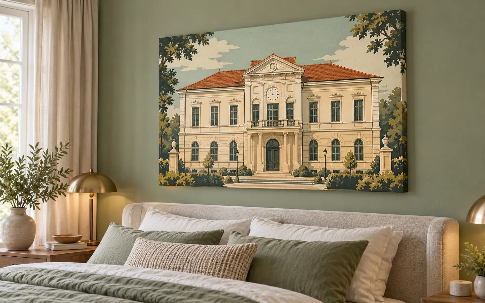 Tablou canvas cu ilustrația reperului Muzeul Municipal, într-un dormitor în tonuri verzi.