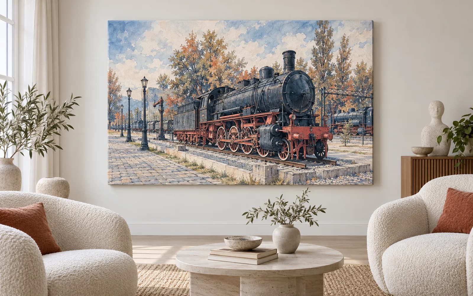 Tablou canvas cu ilustrația reperului Muzeul Locomotivelor cu Abur, într-un living minimalist crem.