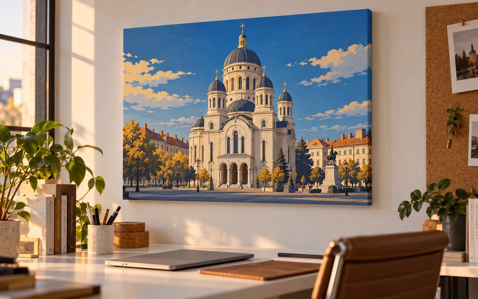 Tablou canvas cu ilustrația reperului Catedrala Ortodoxă și centrul Clujului, într-un birou de creație.