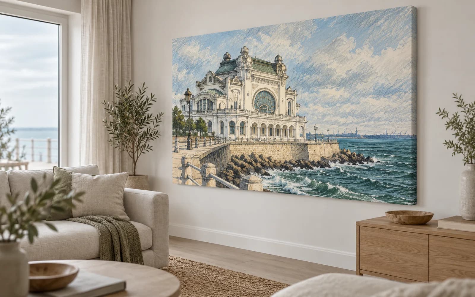 Tablou canvas cu ilustrația reperului Cazinoul, într-un living luminos cu mobilier din lemn.