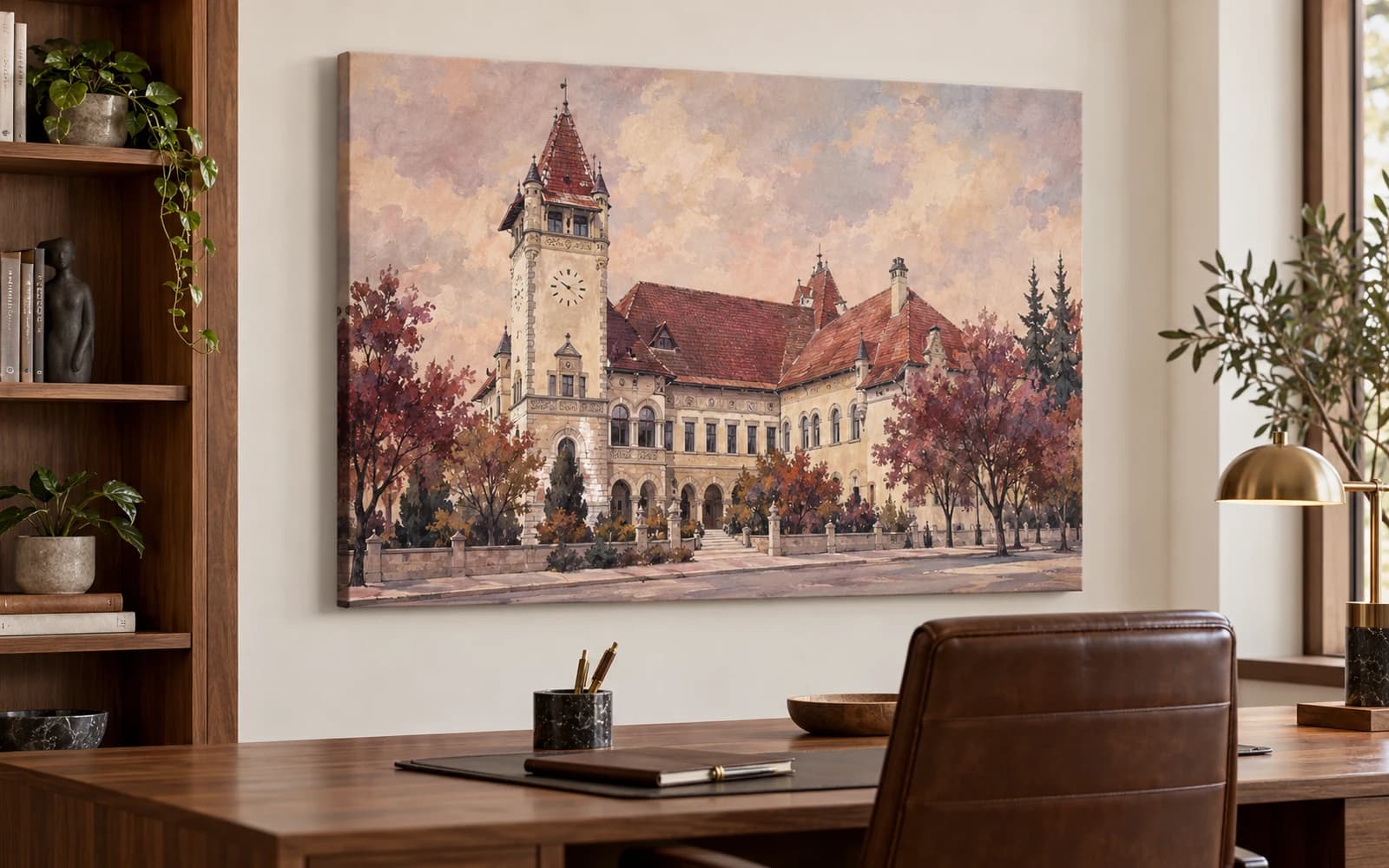 Tablou canvas cu ilustrația reperului Muzeul Național Secuiesc, într-un birou modern.