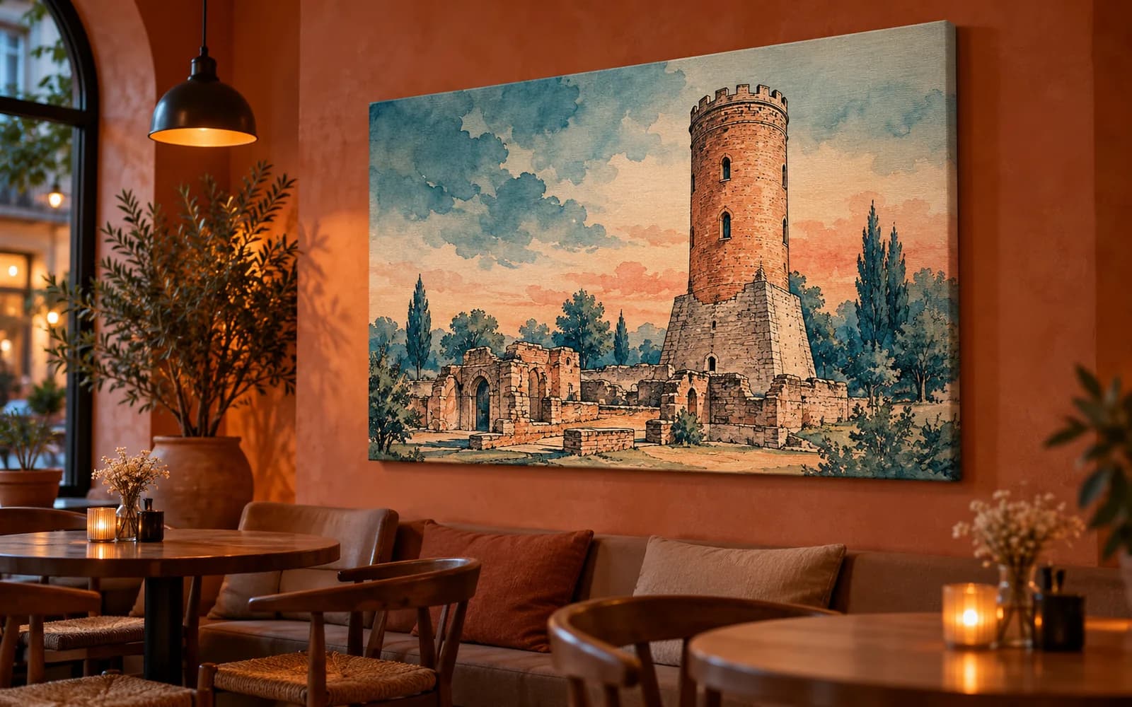 Tablou canvas cu ilustrația reperului Turnul Chindiei, într-o cafenea cu pereți teracotă.