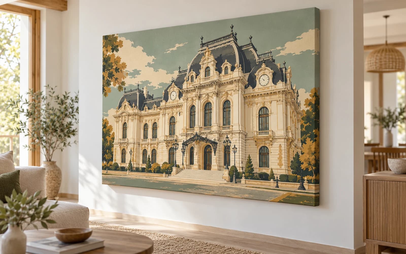 Tablou canvas cu ilustrația reperului Palatul Jean Mihail, într-un salon luminos.