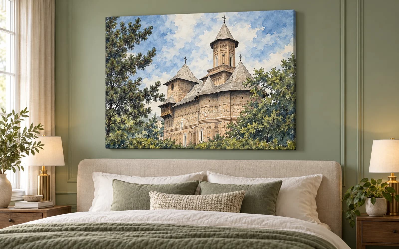 Tablou canvas cu ilustrația reperului Biserica Fortificată Precista, într-un dormitor în tonuri verzi.