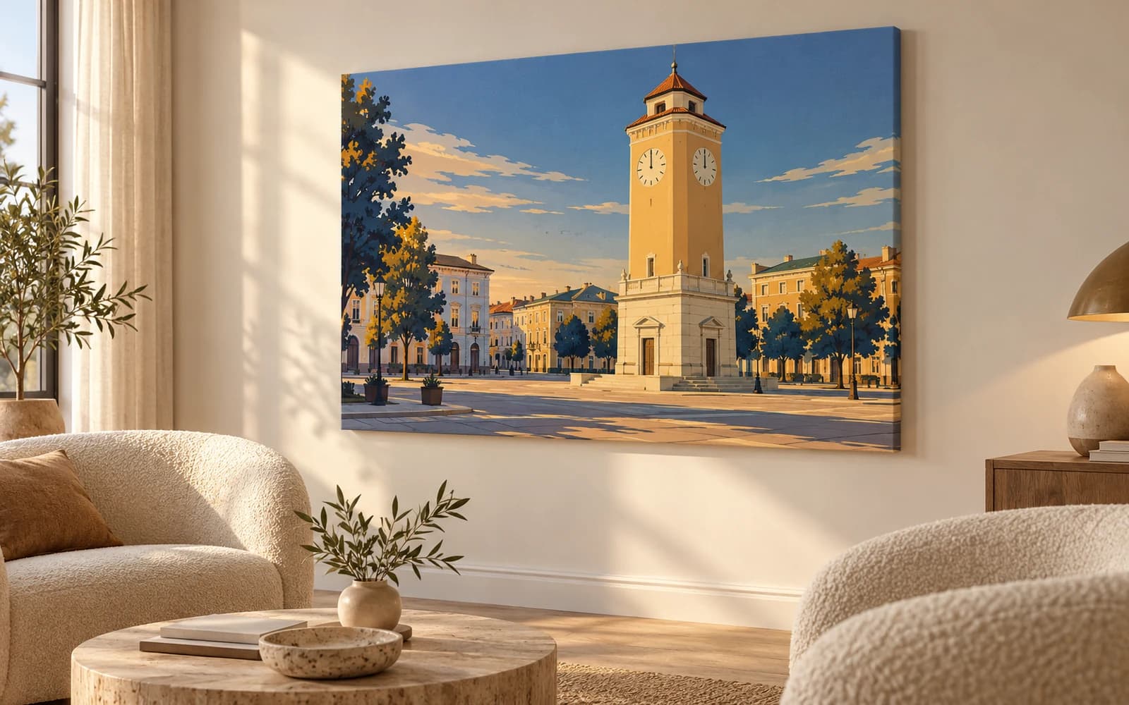 Tablou canvas cu ilustrația reperului Turnul Ceasornicului, într-un living minimalist crem.
