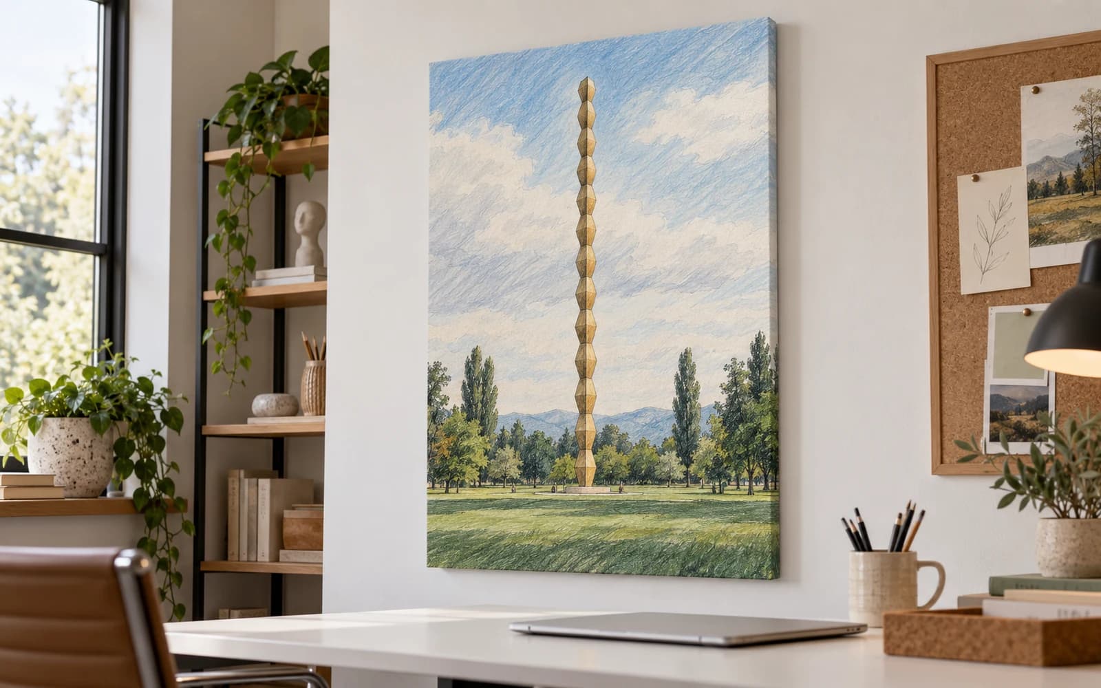 Tablou canvas cu ilustrația reperului Coloana fără Sfârșit, într-un birou de creație.