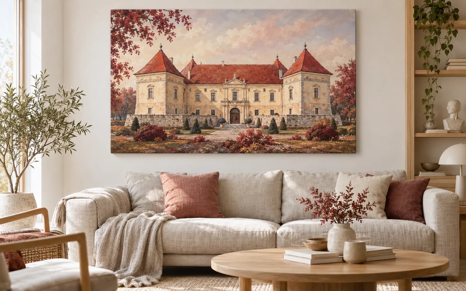 Tablou canvas cu ilustrația reperului Castelul Mikó, într-un living luminos cu mobilier din lemn.