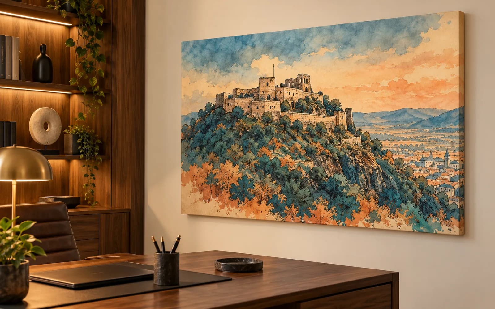 Tablou canvas cu ilustrația reperului Cetatea Devei, într-un birou modern.