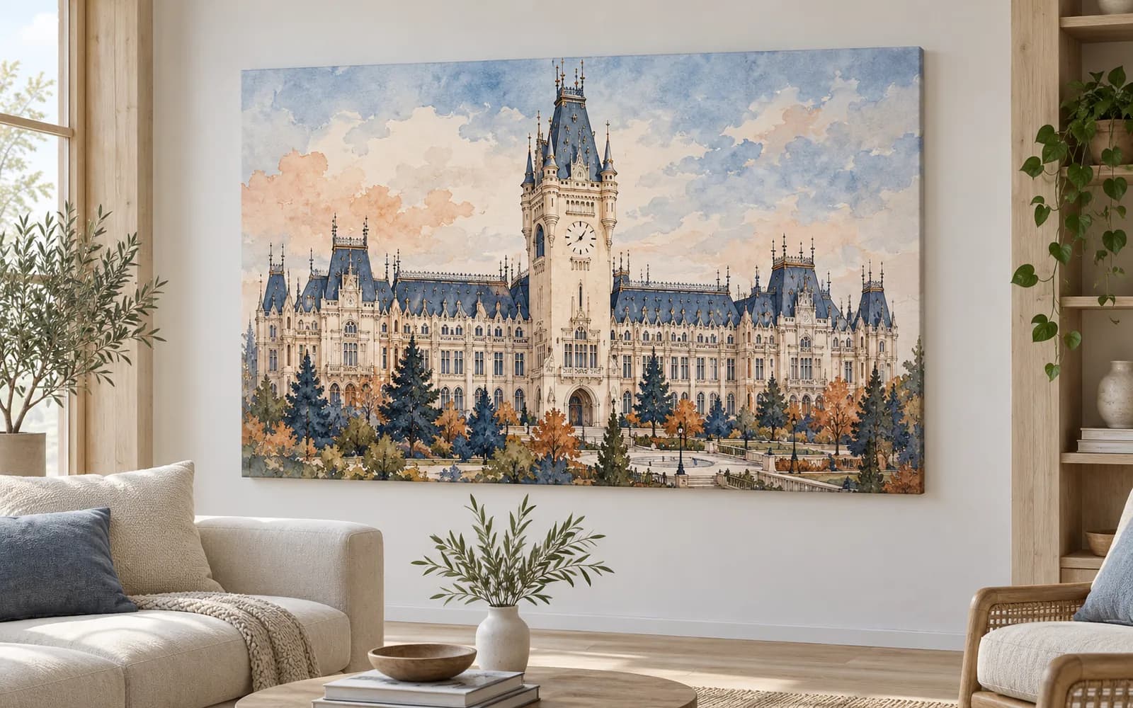 Tablou canvas cu ilustrația reperului Palatul Culturii, într-un salon luminos.