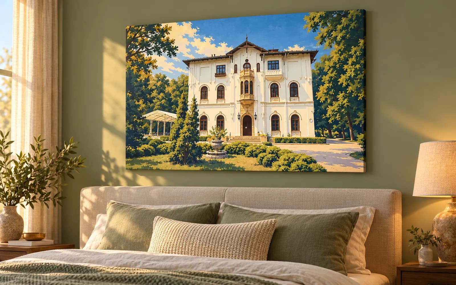 Tablou canvas cu ilustrația reperului Palatul Știrbey din Buftea, într-un dormitor în tonuri verzi.