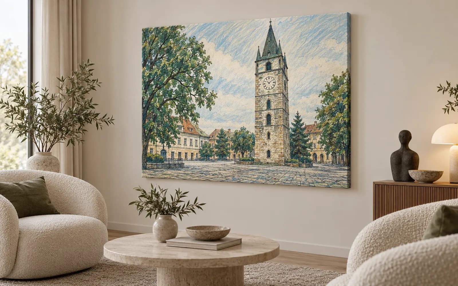 Tablou canvas cu ilustrația reperului Turnul Ștefan, într-un living minimalist crem.