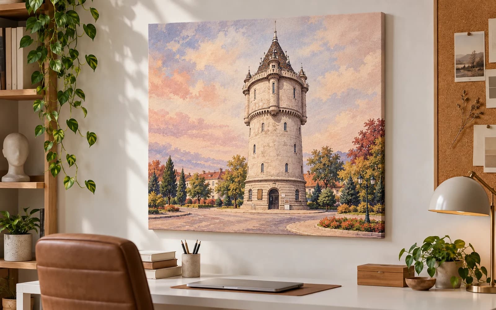 Tablou canvas cu ilustrația reperului Castelul de Apă, într-un birou de creație.