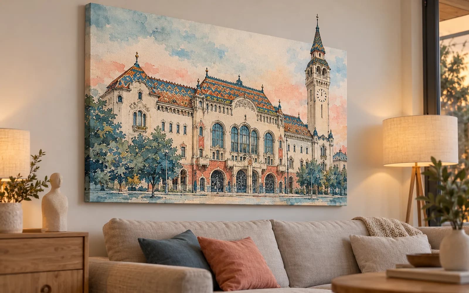 Tablou canvas cu ilustrația reperului Palatul Culturii, într-un living luminos cu mobilier din lemn.