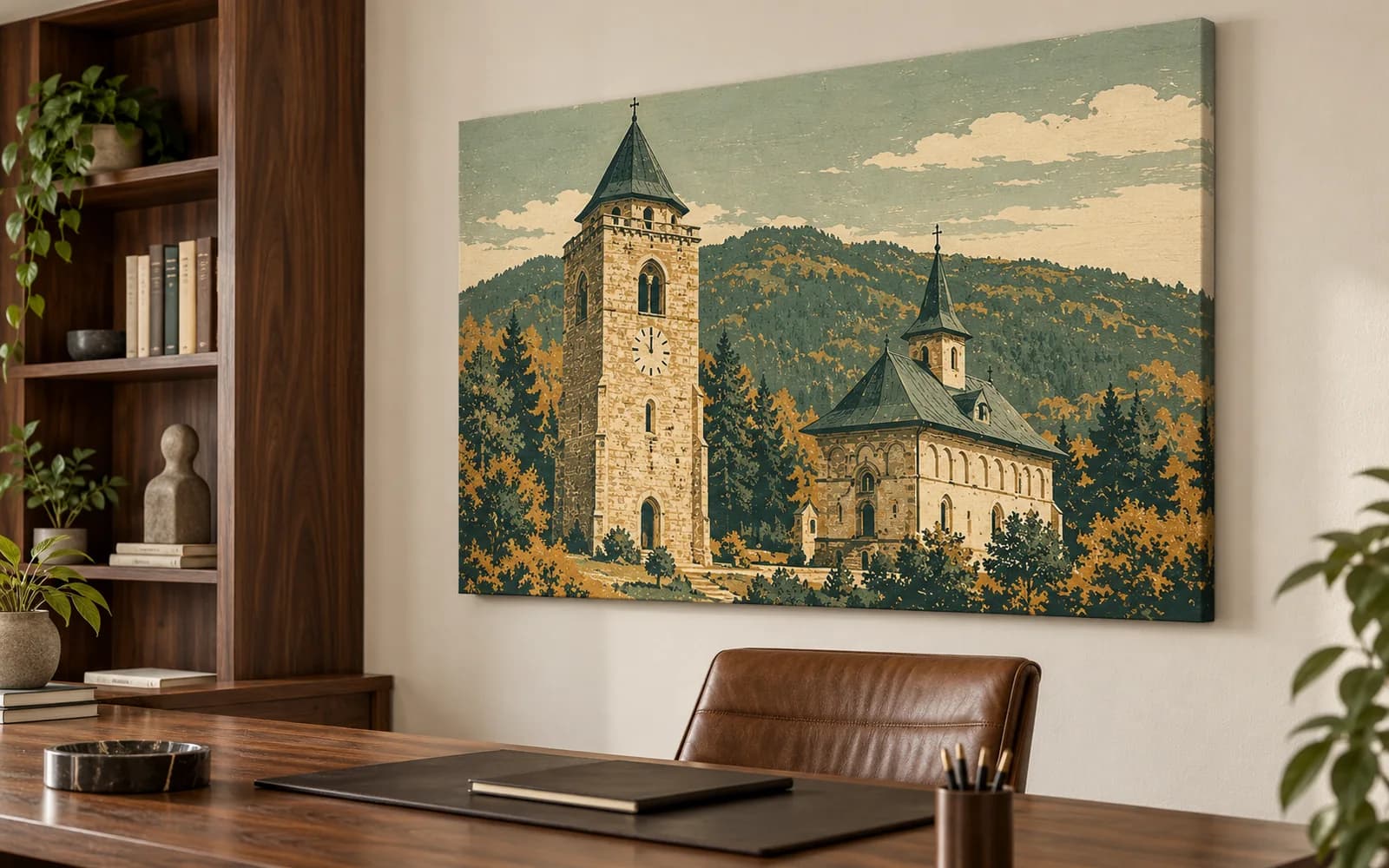 Tablou canvas cu ilustrația reperului Turnul lui Ștefan cel Mare, într-un birou modern.
