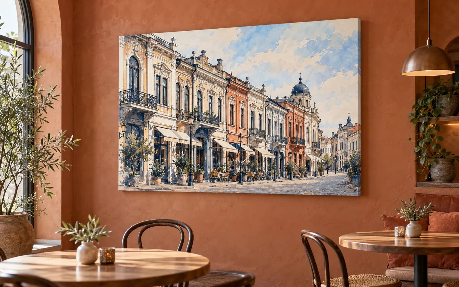 Tablou canvas cu ilustrația reperului Centrul Vechi, într-o cafenea cu pereți teracotă.