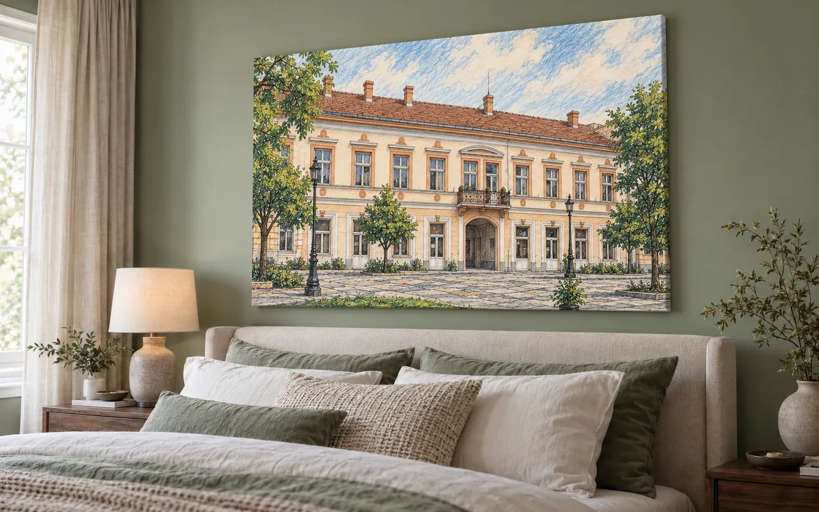 Tablou canvas cu ilustrația reperului Clădirea Transilvania, într-un dormitor în tonuri verzi.