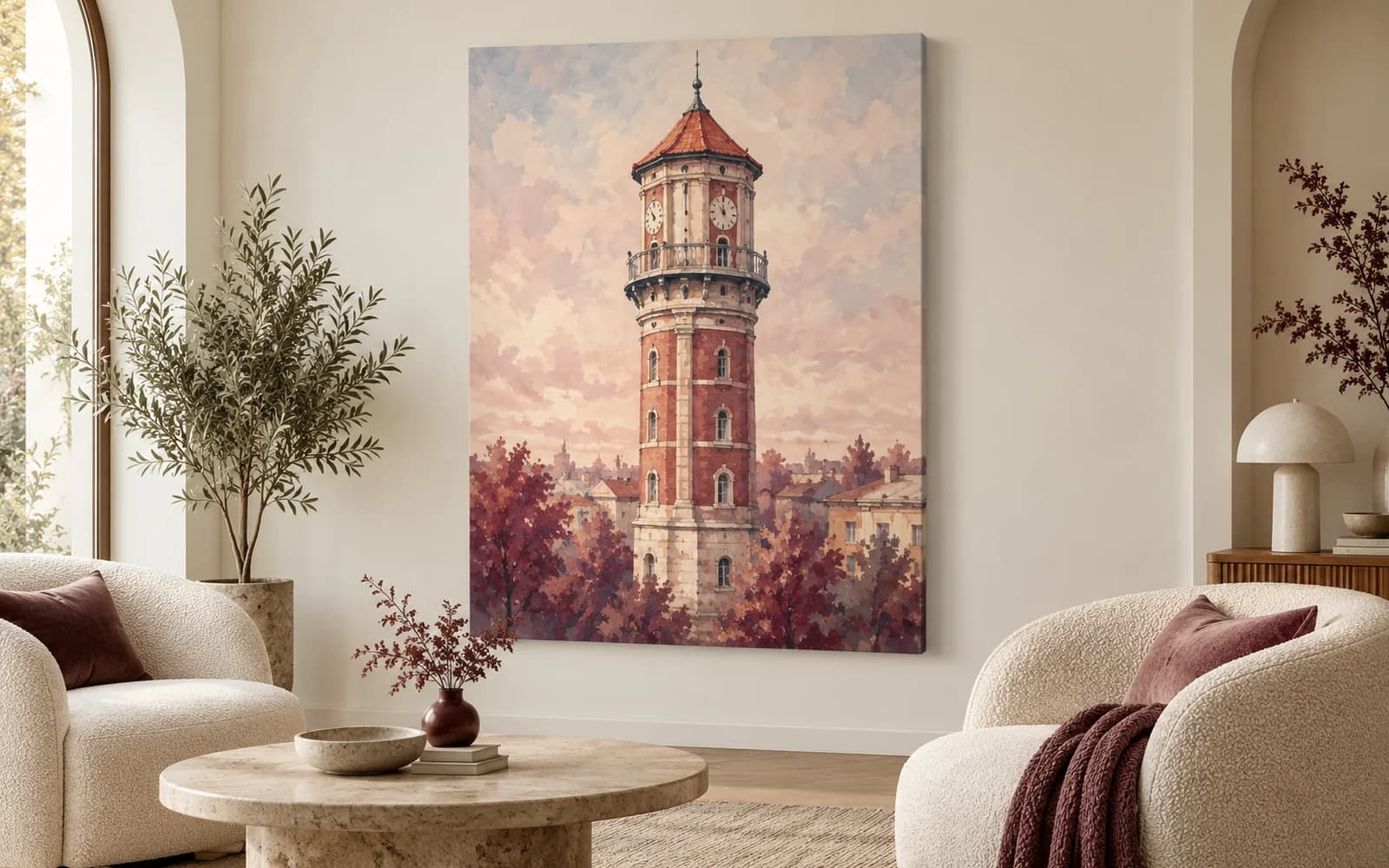 Tablou canvas cu ilustrația reperului Turnul Pompierilor, într-un living minimalist crem.