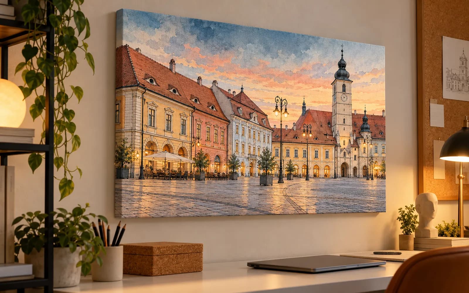 Tablou canvas cu ilustrația reperului Piața Mare, într-un birou de creație.