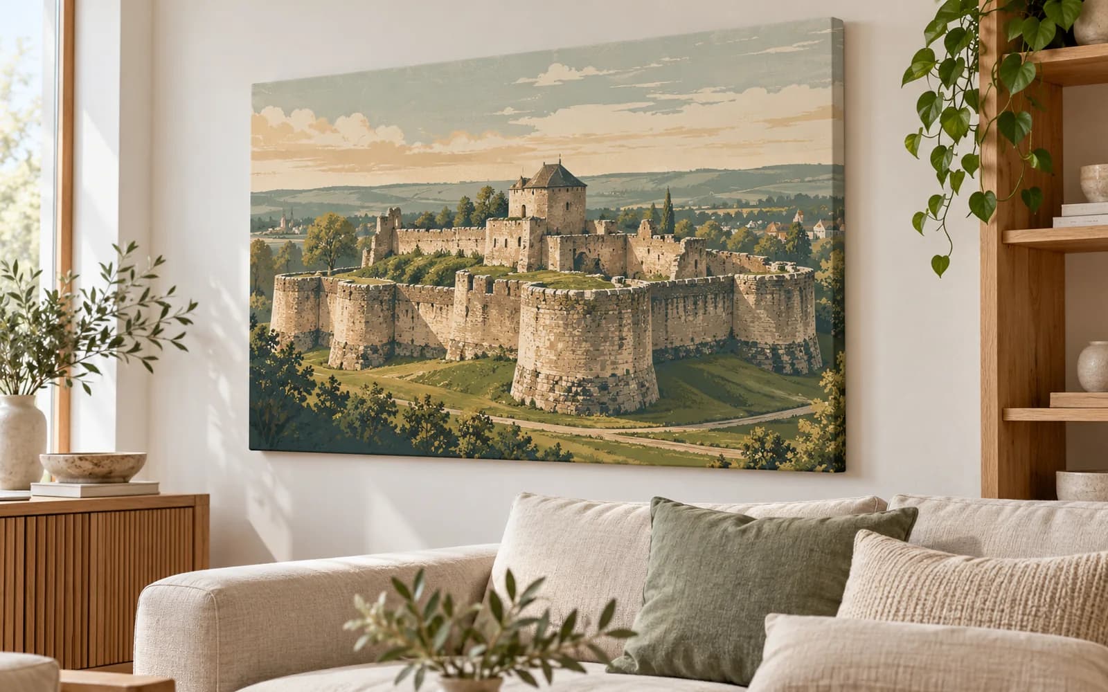 Tablou canvas cu ilustrația reperului Cetatea de Scaun, într-un living luminos cu mobilier din lemn.