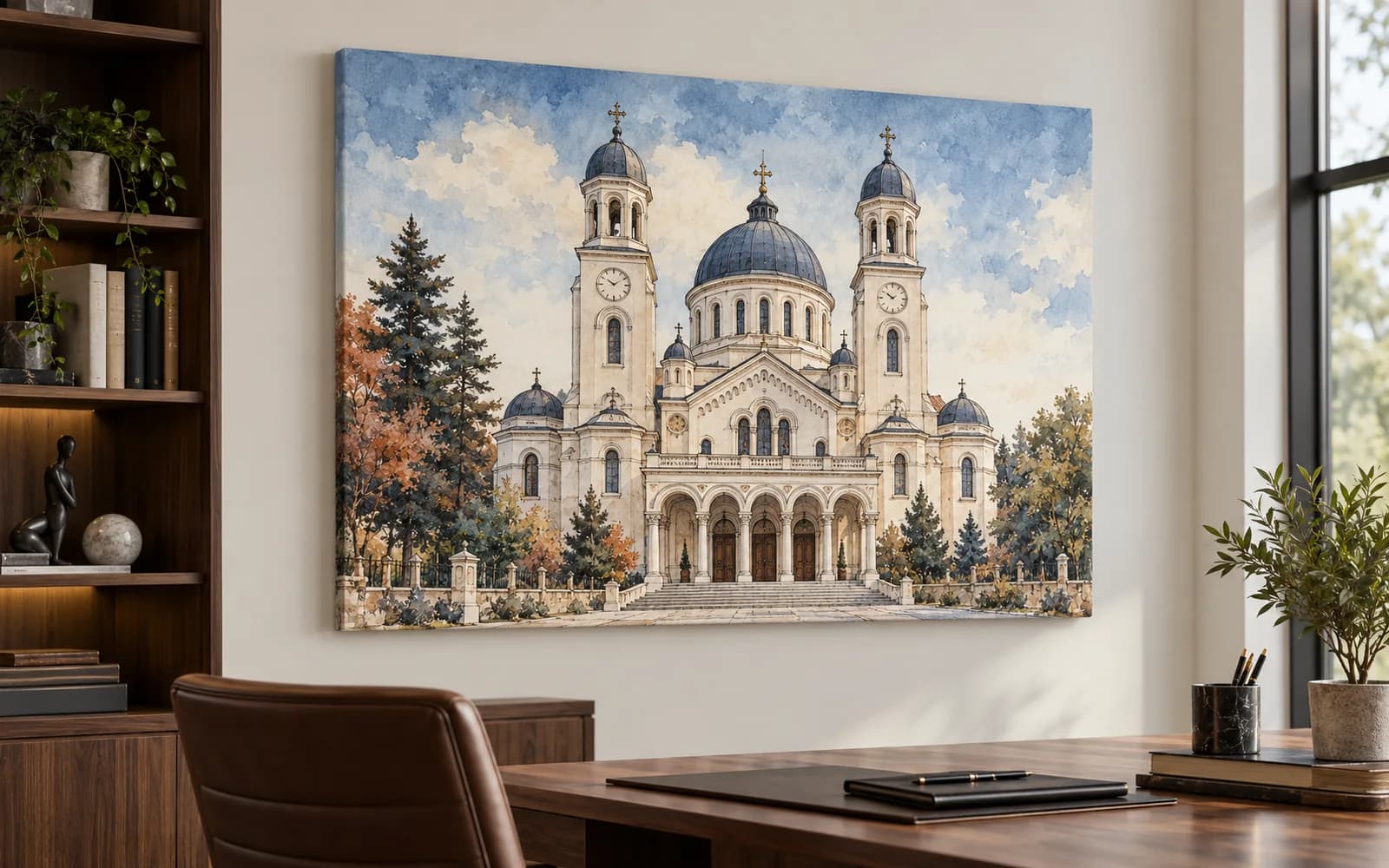 Tablou canvas cu ilustrația reperului Catedrala Sfântul Alexandru, într-un birou modern.