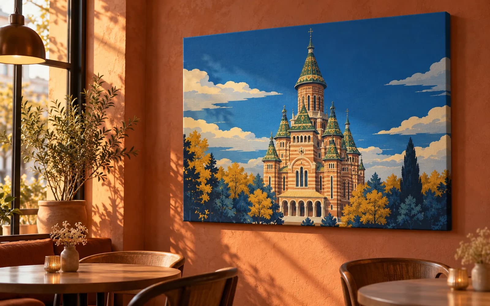 Tablou canvas cu ilustrația reperului Catedrala Mitropolitană, într-o cafenea cu pereți teracotă.