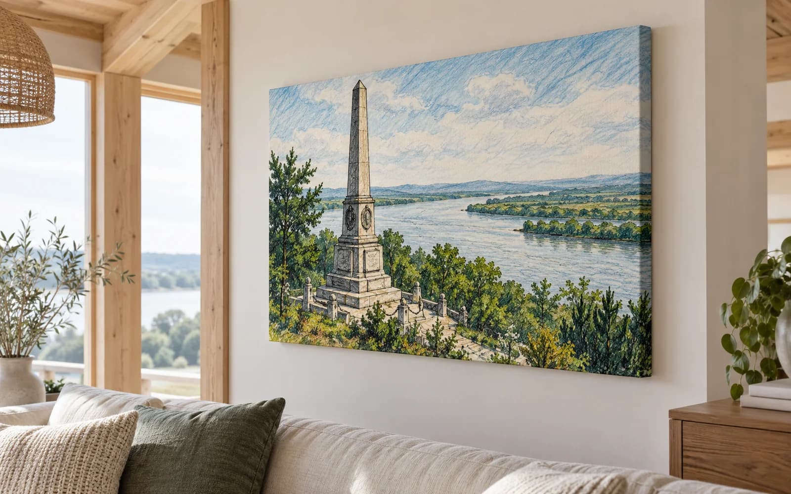 Tablou canvas cu ilustrația reperului Monumentul Independenței, într-un salon luminos.