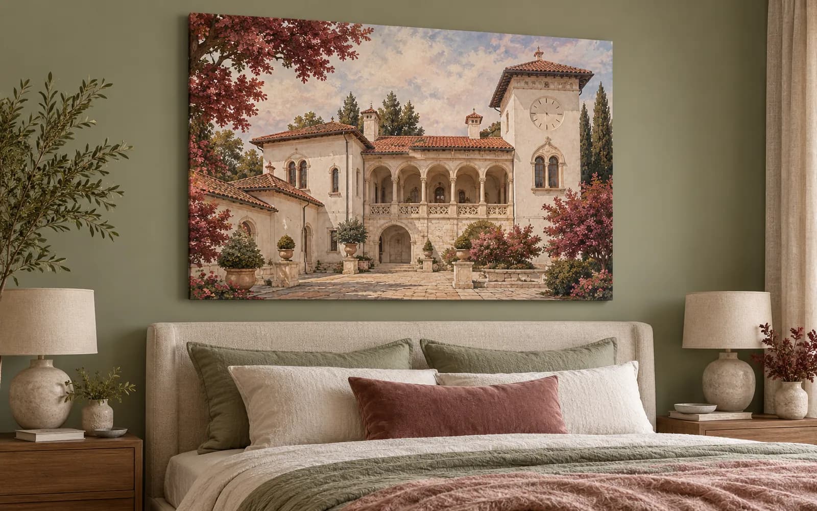 Tablou canvas cu ilustrația reperului Muzeul de Artă Casa Simian, într-un dormitor în tonuri verzi.