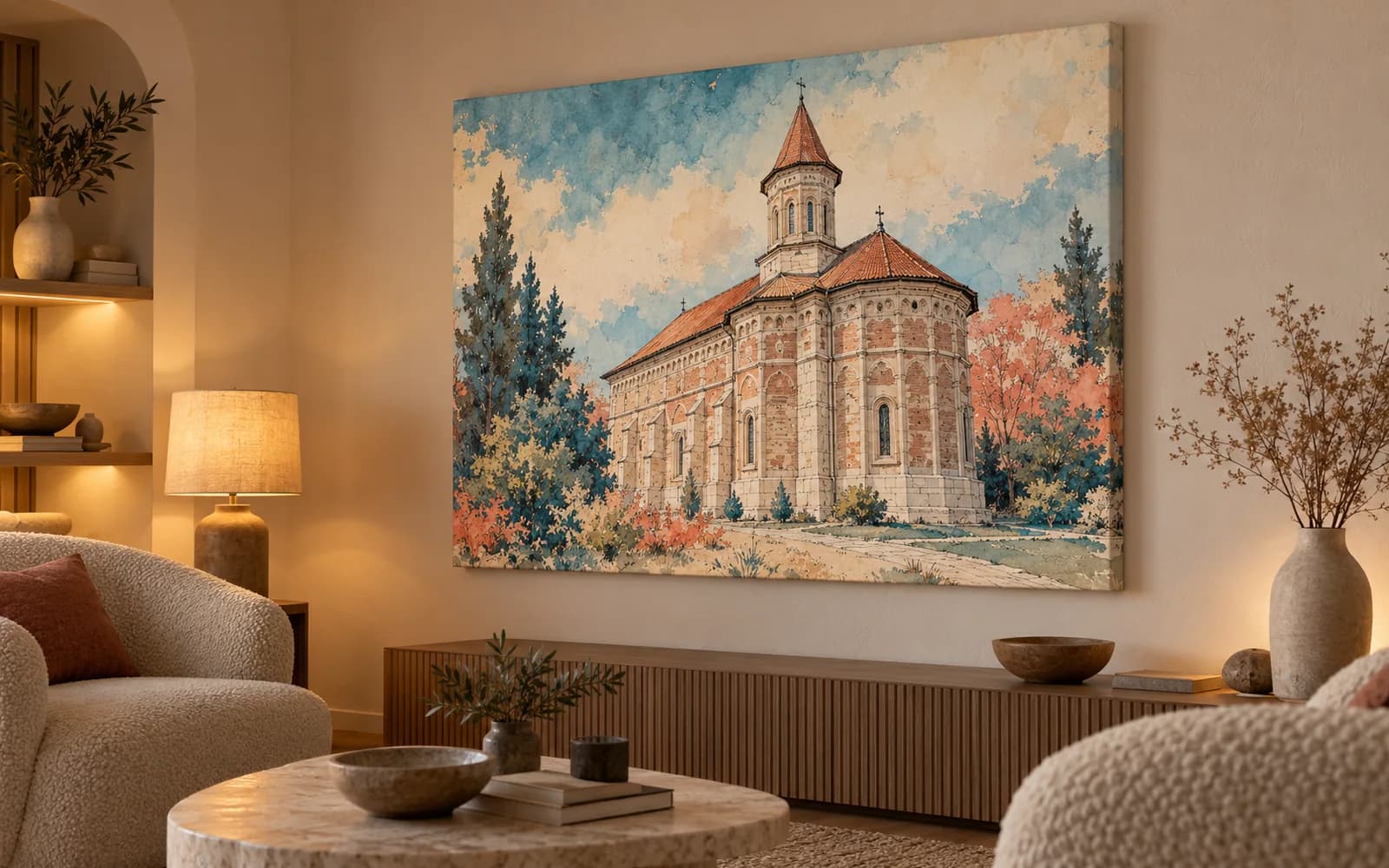 Tablou canvas cu ilustrația reperului Biserica Domnească Sfântul Ioan Botezătorul, într-un living minimalist crem.