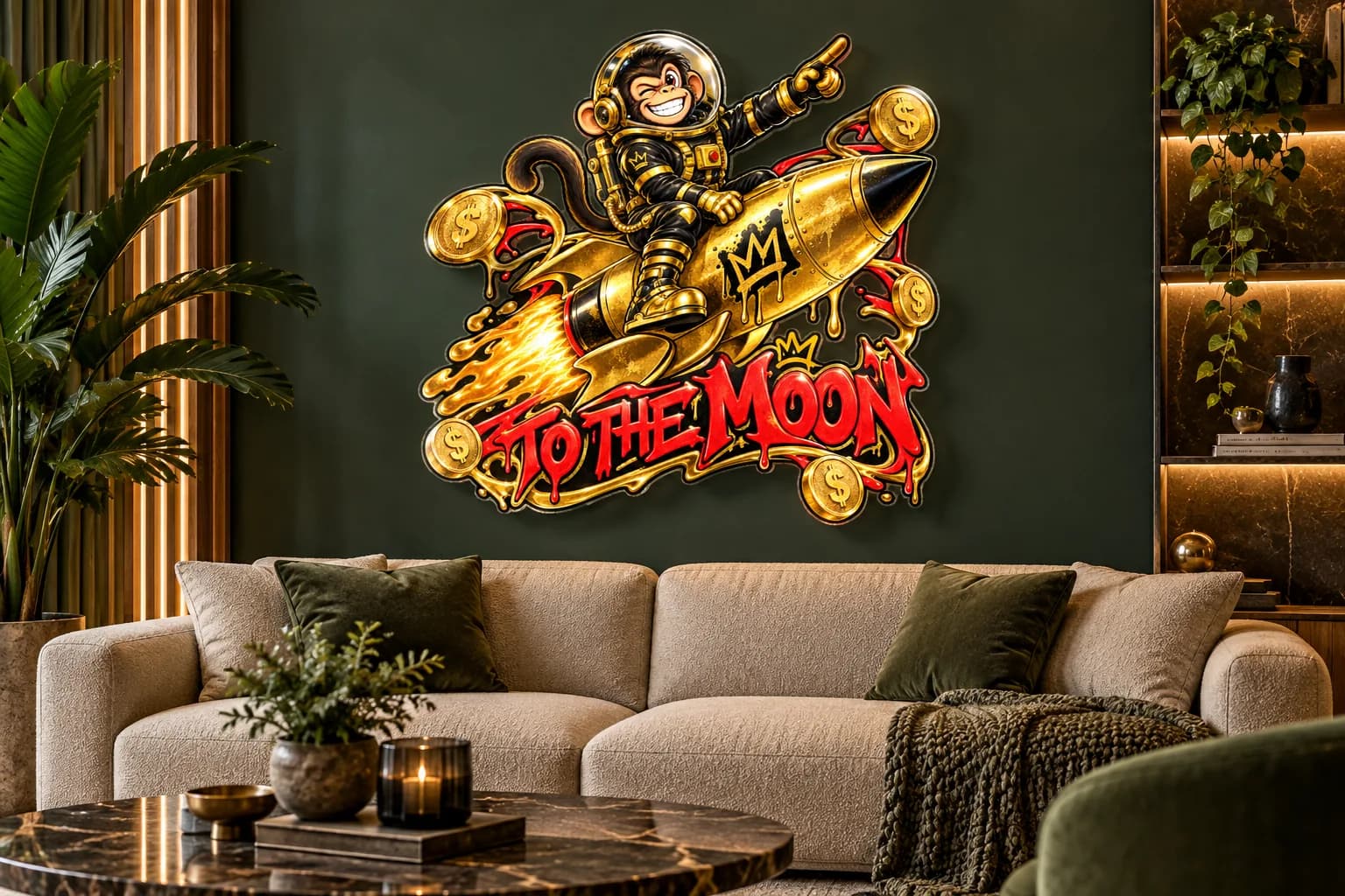 Maimuță pe rachetă „TO THE MOON”, tablou din plexiglas pe peretele unui living (simulare)
