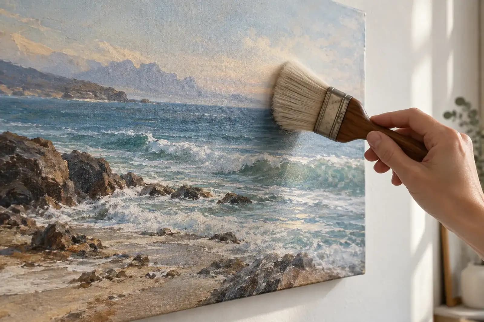 Mână care curăță praful de pe un tablou canvas cu o pensulă moale și uscată