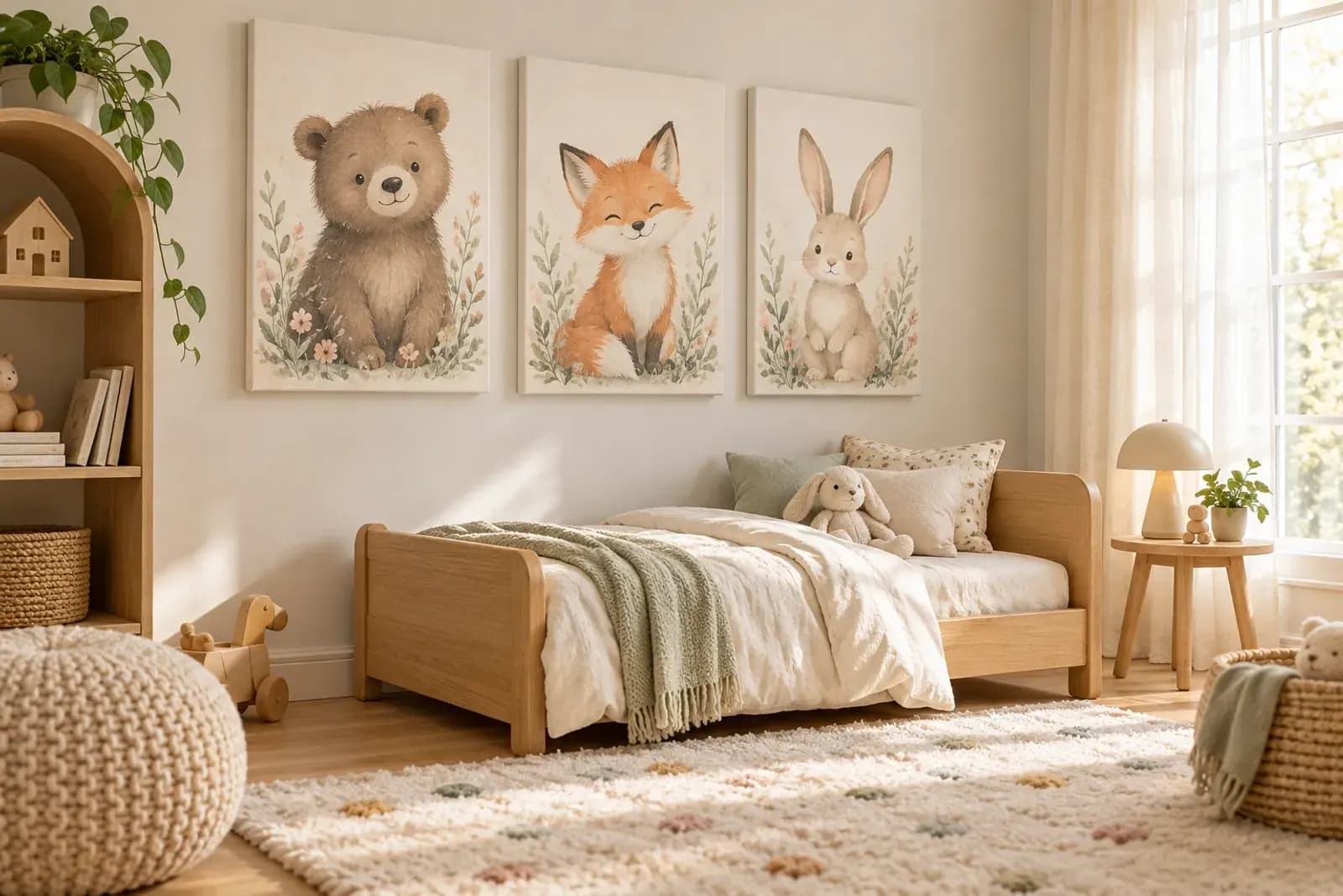 Cameră de copil luminoasă cu trei tablouri canvas cu animale ilustrate deasupra unei comode joase