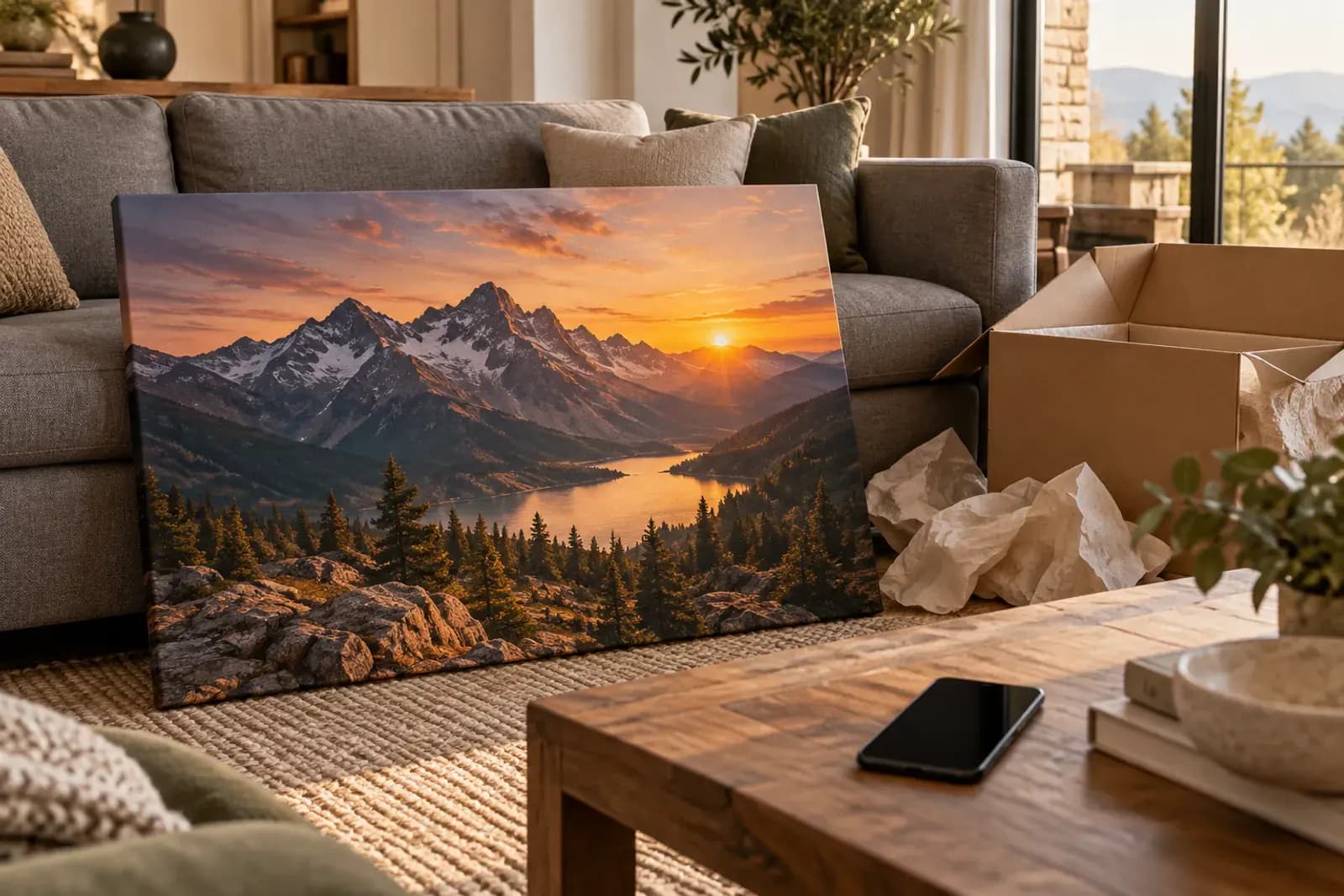Tablou canvas cu un peisaj de munte, scos din cutie și sprijinit de canapea într-un living luminos