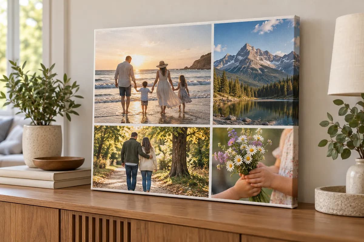 Simulare de tablou canvas cu un colaj de patru fotografii și spații albe între imagini