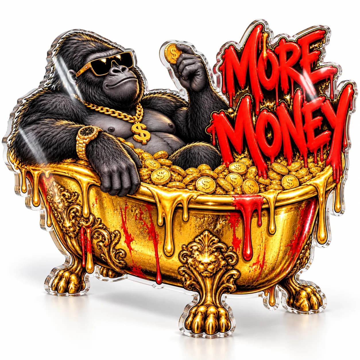 Gorilă „MORE MONEY” – tablou plexiglas pop-art decupat pe contur