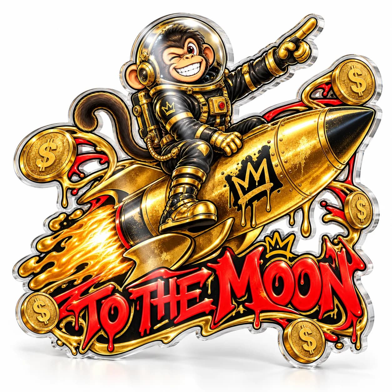 Maimuță pe rachetă „TO THE MOON” – tablou plexiglas pop-art decupat pe contur