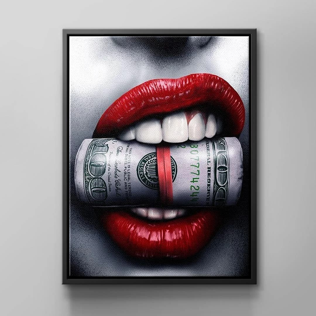 Tablou canvas femeie cu teanc de bani în gură – decor bar și lounge