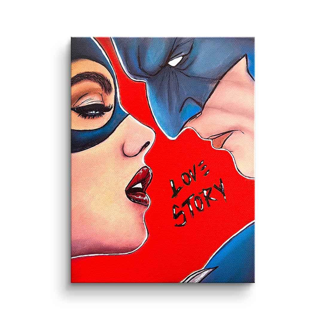 Tablou canvas îmbrățișare de supereroi în stil comic – pentru dormitor