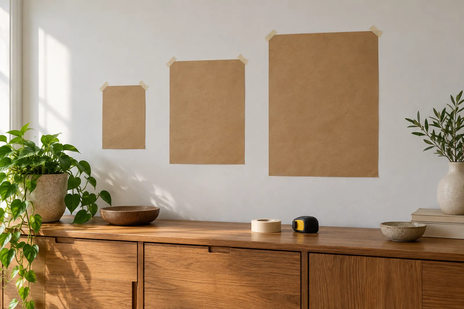 Dreptunghiuri din hârtie kraft lipite pe perete deasupra unei comode, pentru compararea mărimilor unui tablou canvas