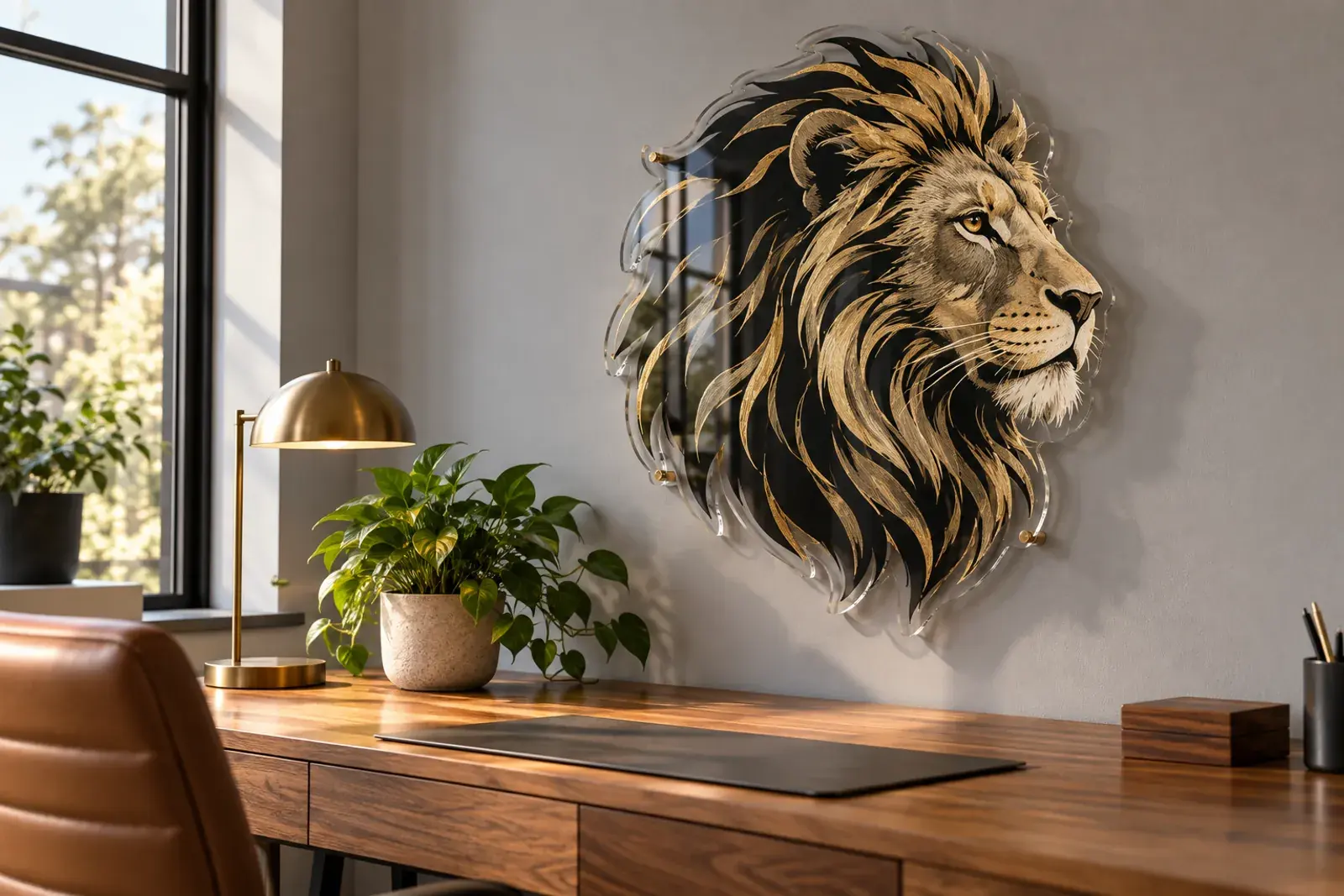 Decor din plexiglas decupat pe contur, cu un cap de leu negru cu auriu, pe peretele gri al unui birou de acasă
